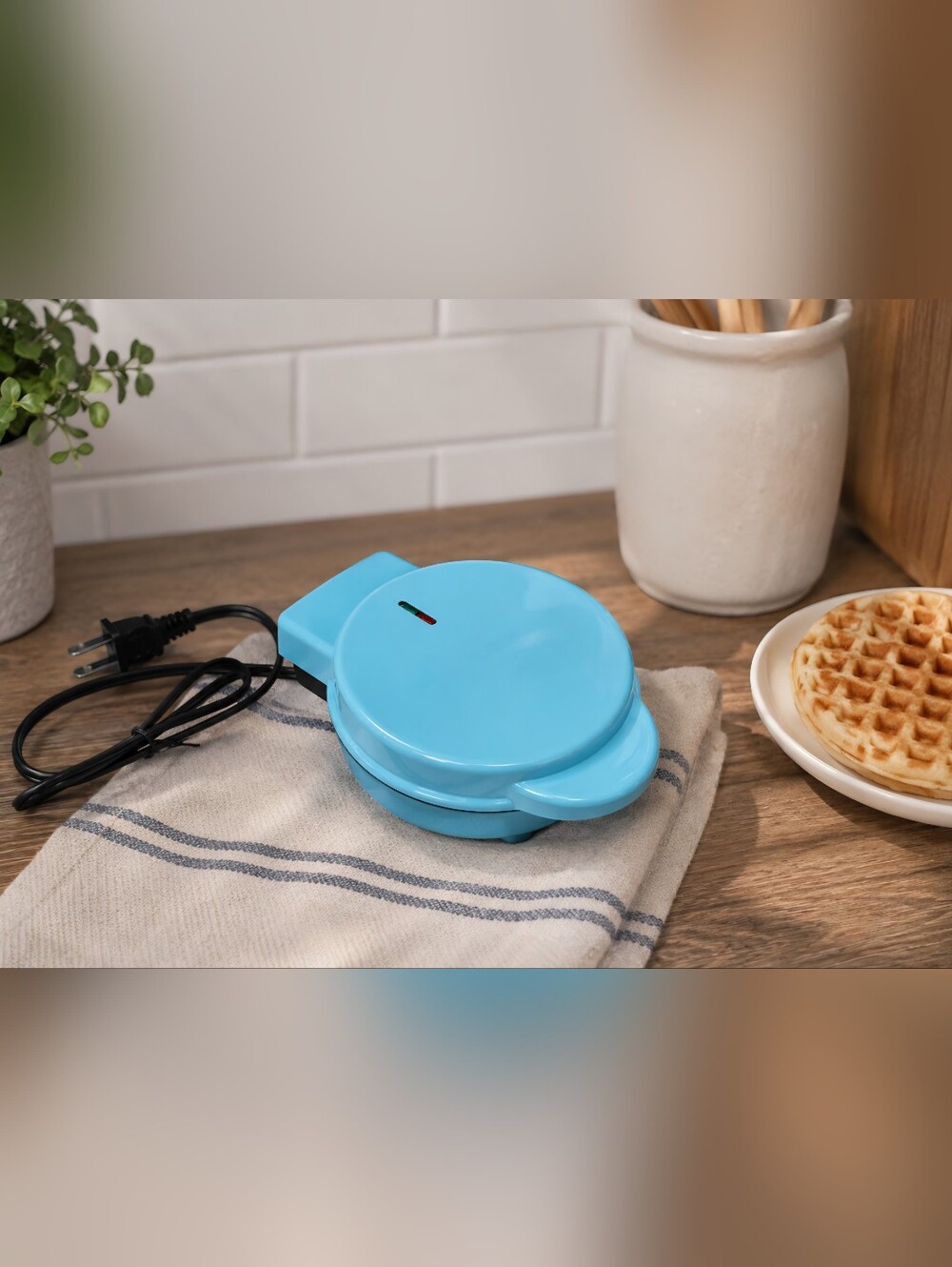 Compact Blue Electric Mini Waffle Maker